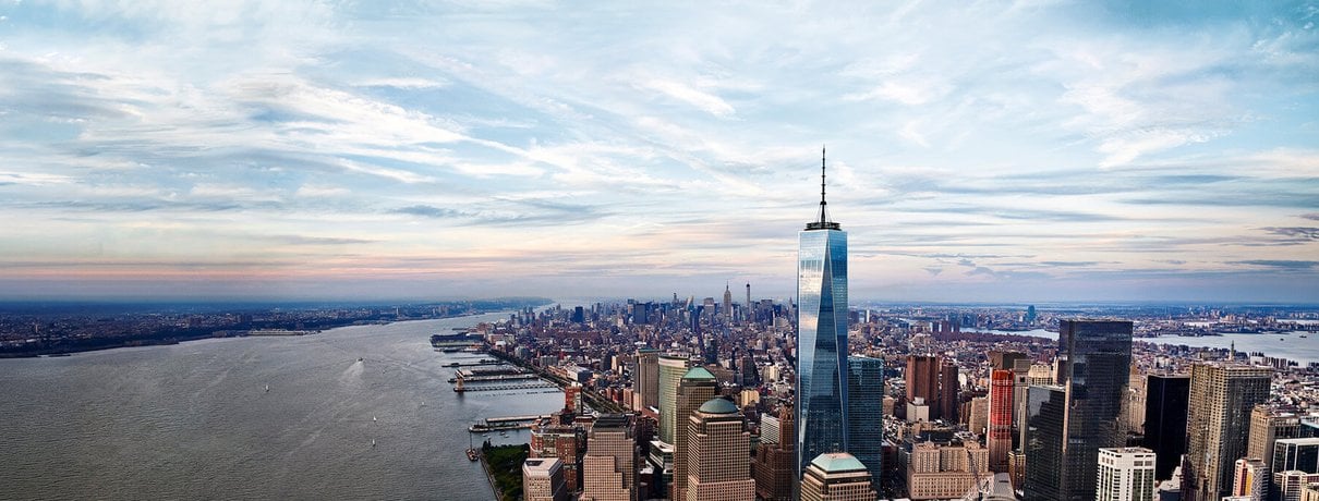 Panoramic daytime Manhattan skyline from One World Observatory