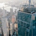 Aerial view of One World Trade Center and One World Observatory above Lower Manhattan