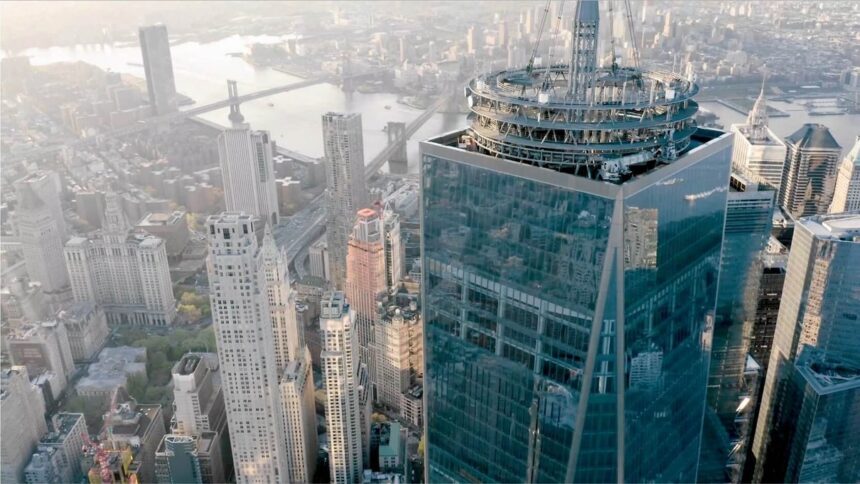 Aerial view of One World Trade Center and One World Observatory above Lower Manhattan