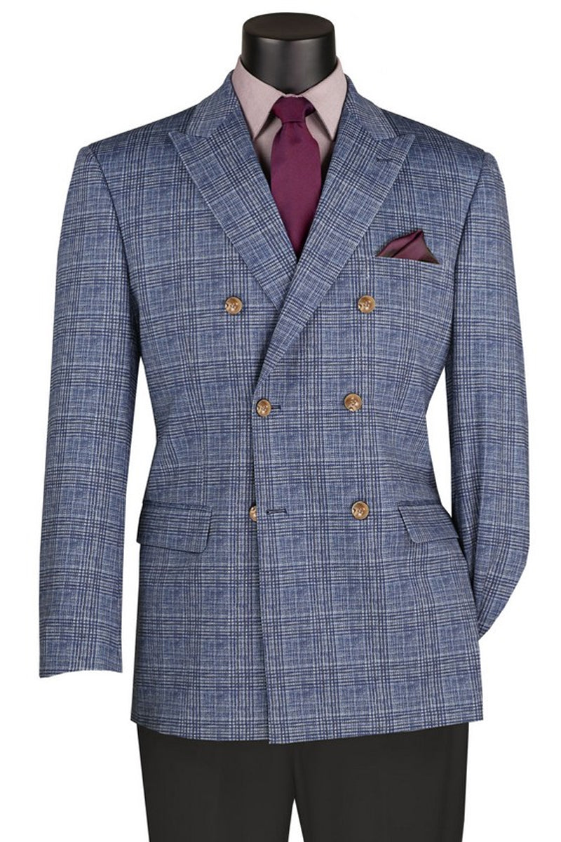 Blue windowpane plaid double breasted stretch sport coat