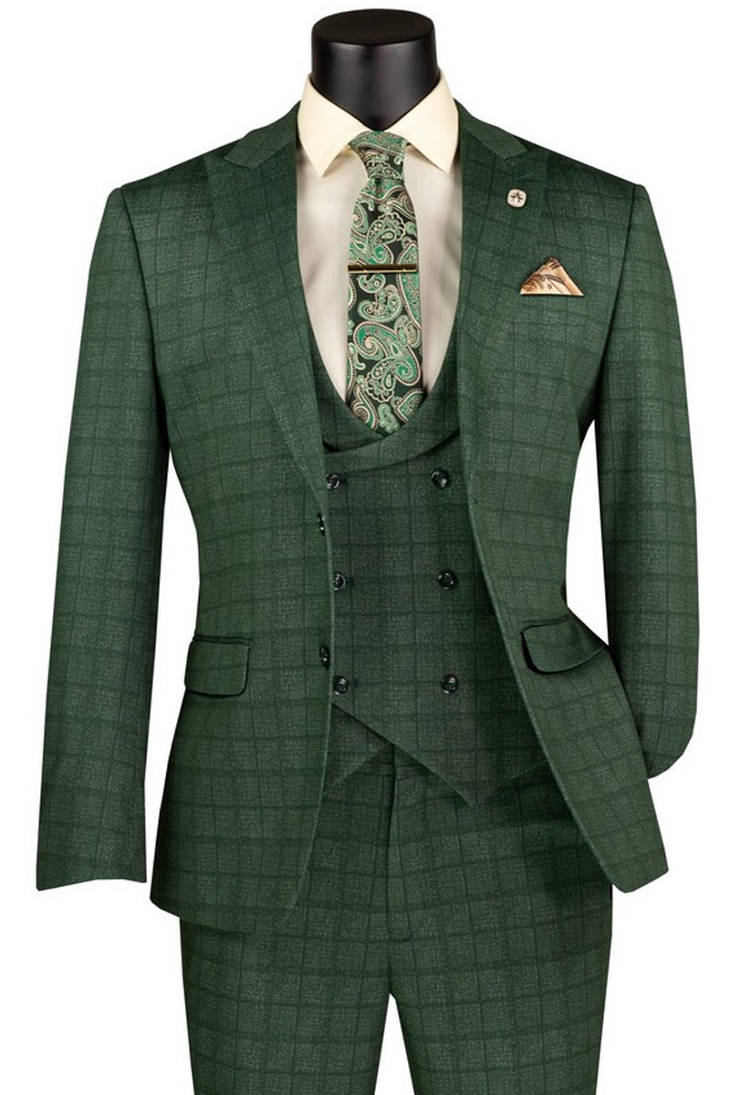 Green plaid two button vested suit on a mannequin