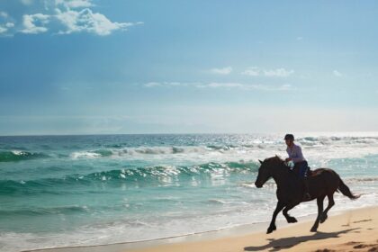 Traveller riding a horse on a beach holiday