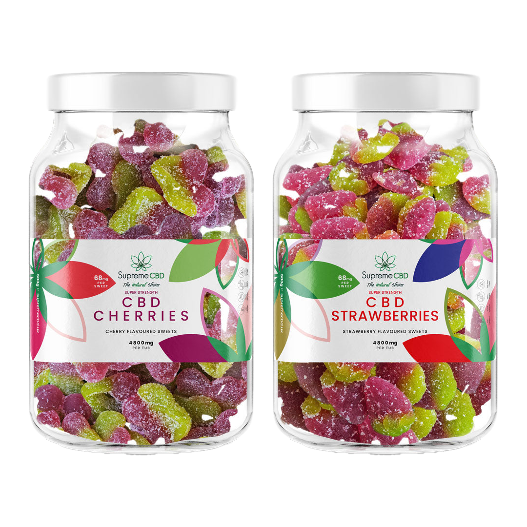 SupremeCBD Super Strength Duo with strawberry and cherry gummies