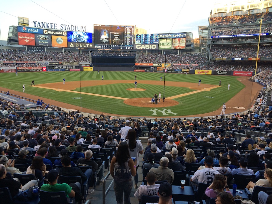 Yankee Stadium lit for an evening game