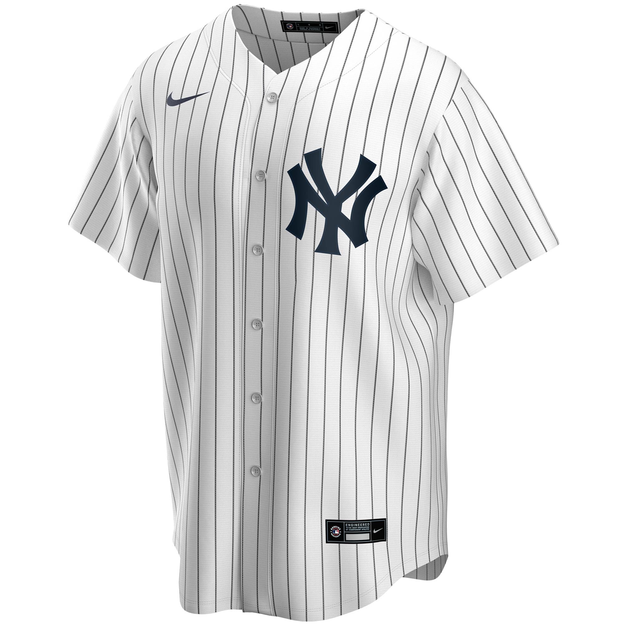 White New York Yankees pinstripe jersey with interlocking NY chest logo