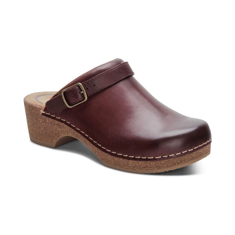 Aetrex Beckie burgundy leather cork clog with heel strap