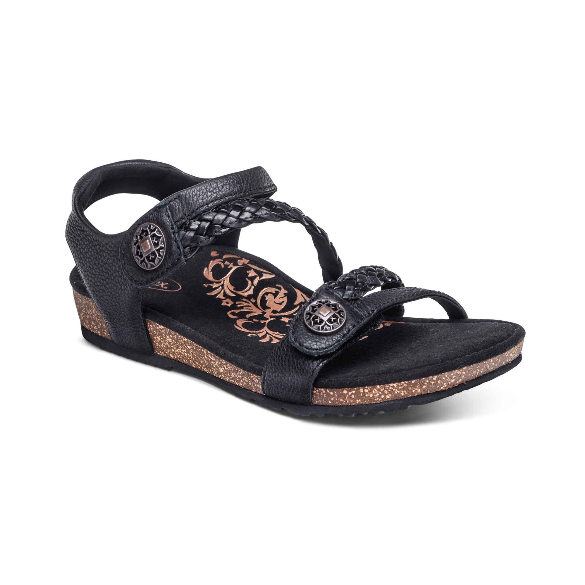 Black Aetrex Jillian braided quarter strap sandal