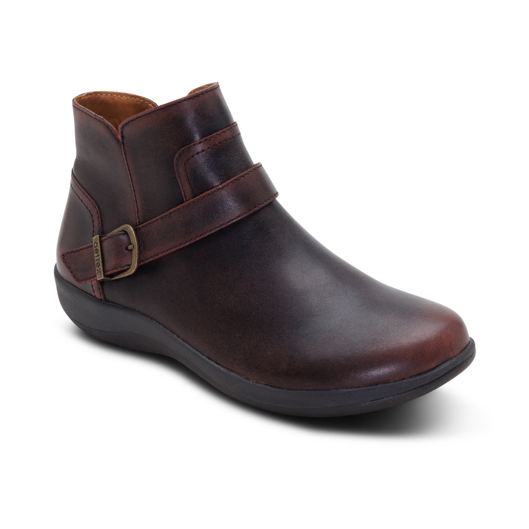 Aetrex Leah cordovan leather buckle bootie