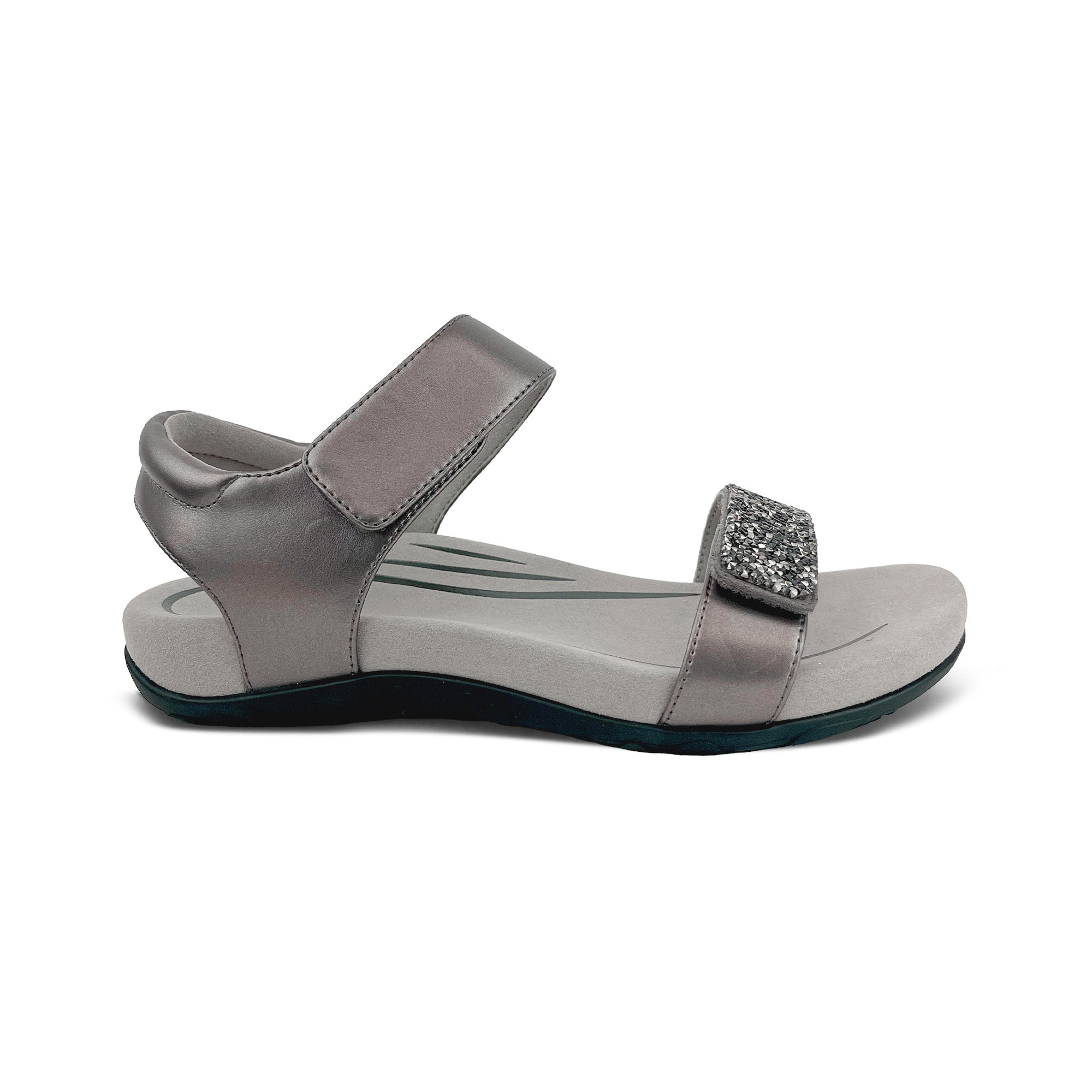 Jeweled gunmetal Aetrex Maria sandal