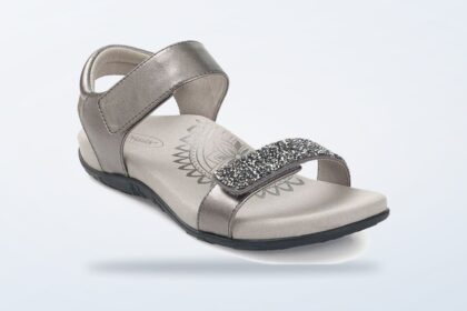 Aetrex Maria jeweled gunmetal sandal shown from the side