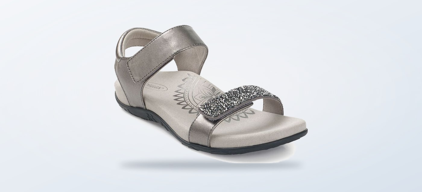 Aetrex Maria jeweled gunmetal sandal shown from the side