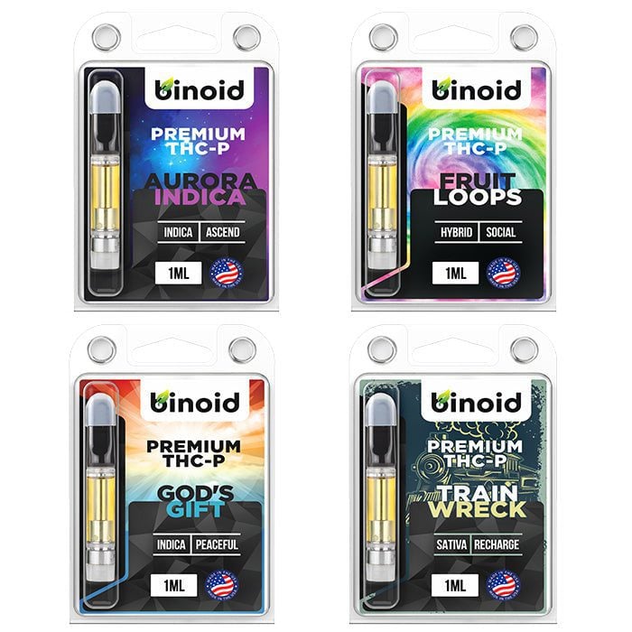 Binoid CBD THCP vape cartridge bundle arranged on a clean background