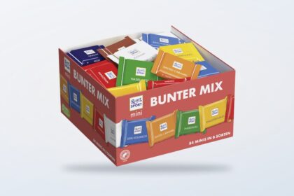 Ritter Sport Mini Display Schokoladenmix na jasnym tle