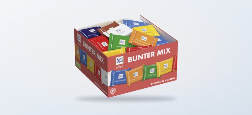 Ritter Sport Mini Display Schokoladenmix na jasnym tle