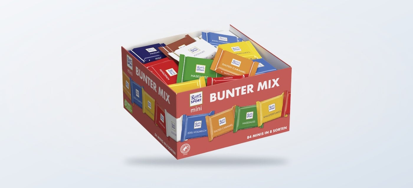 Ritter Sport Mini Display Schokoladenmix na jasnym tle