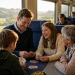 Familie sitzt bei Sonnenlicht gemeinsam im Zug