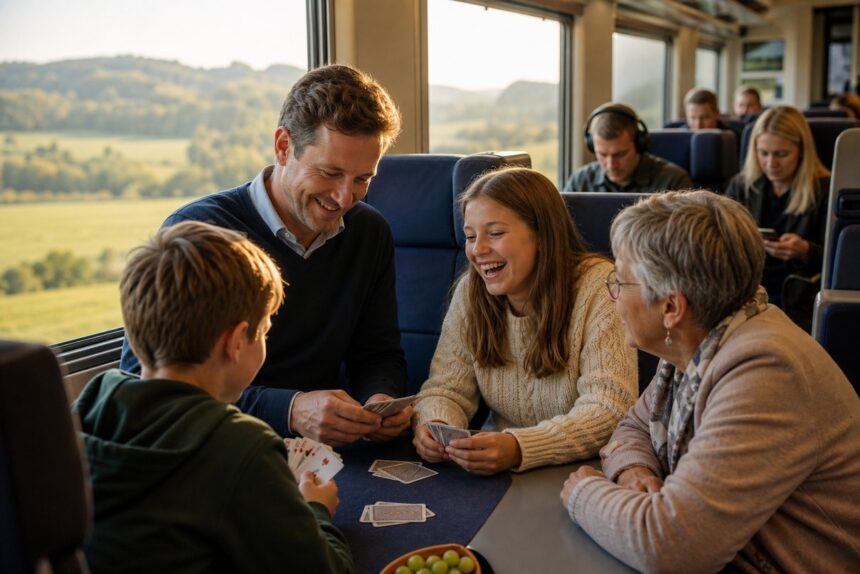 Familie sitzt bei Sonnenlicht gemeinsam im Zug