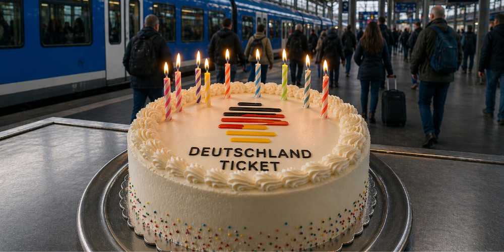 Geburtstagstorte mit Deutschlandticket-Motiv an einem Bahnhof