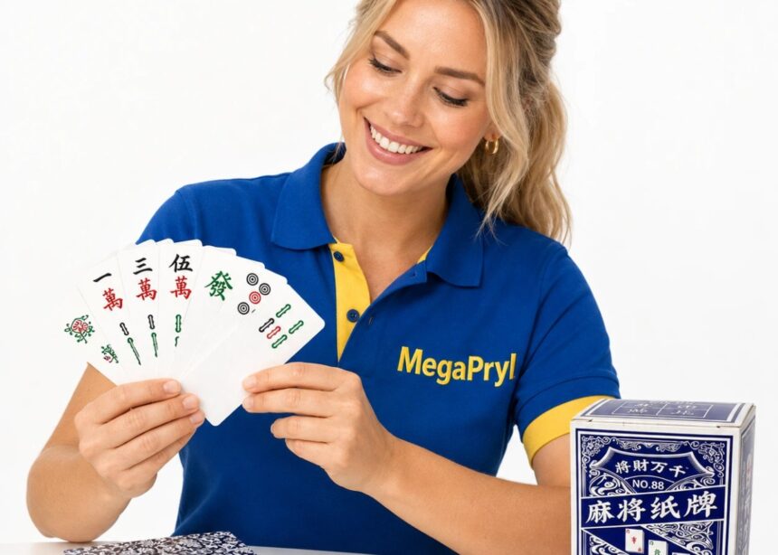 Mahjongkort i kompakt blå ask