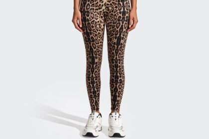 Model wearing leopard leggings