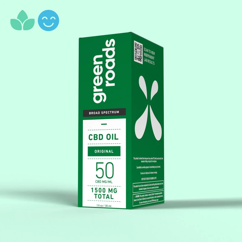 Green Roads broad spectrum CBD oil bottle and box