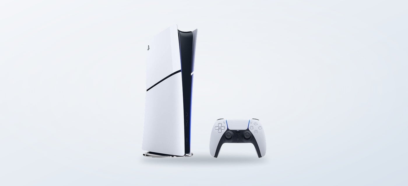 Sony PlayStation 5 Slim Digital Console auf hellem Hintergrund