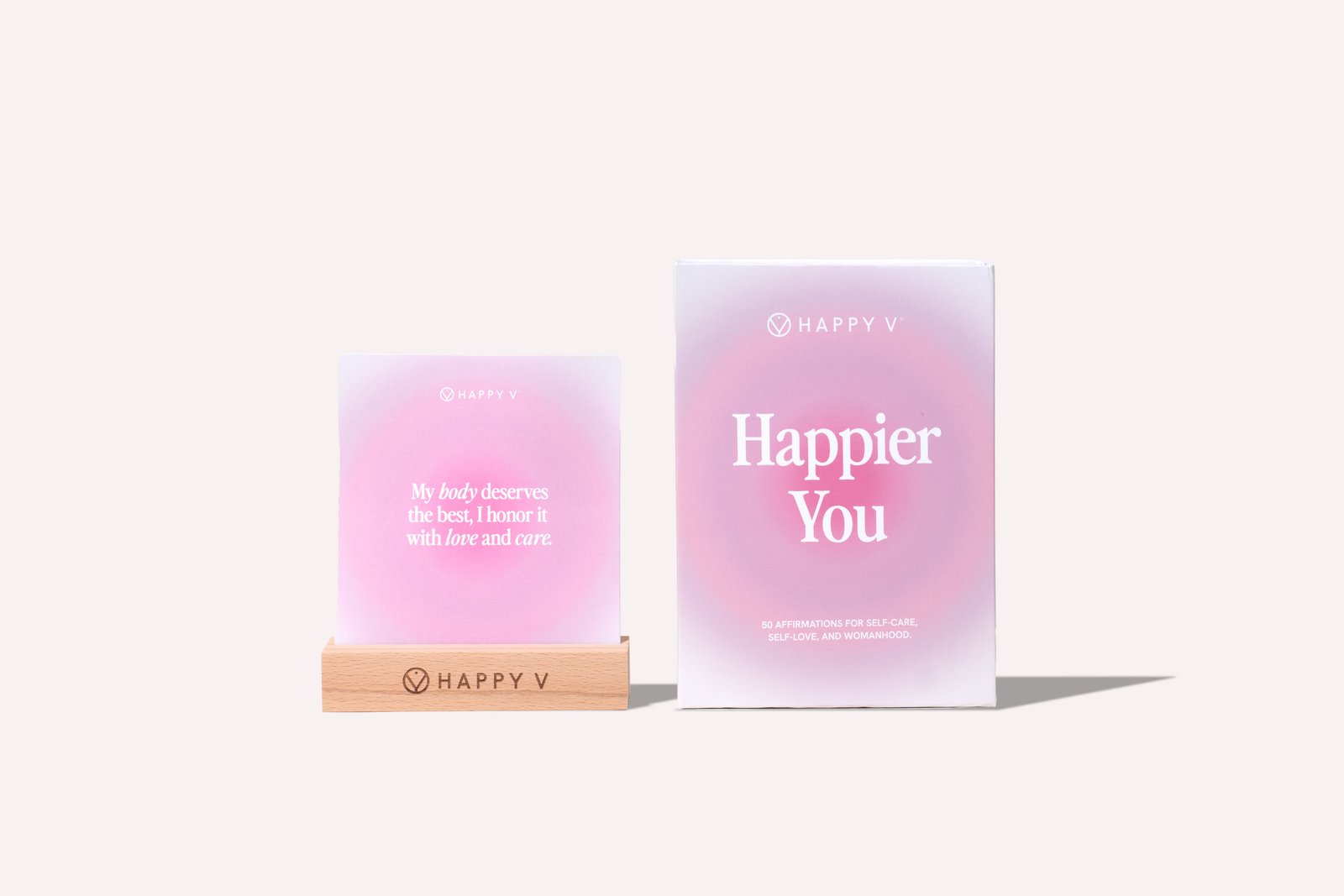 Happy V affirmation cards on a table