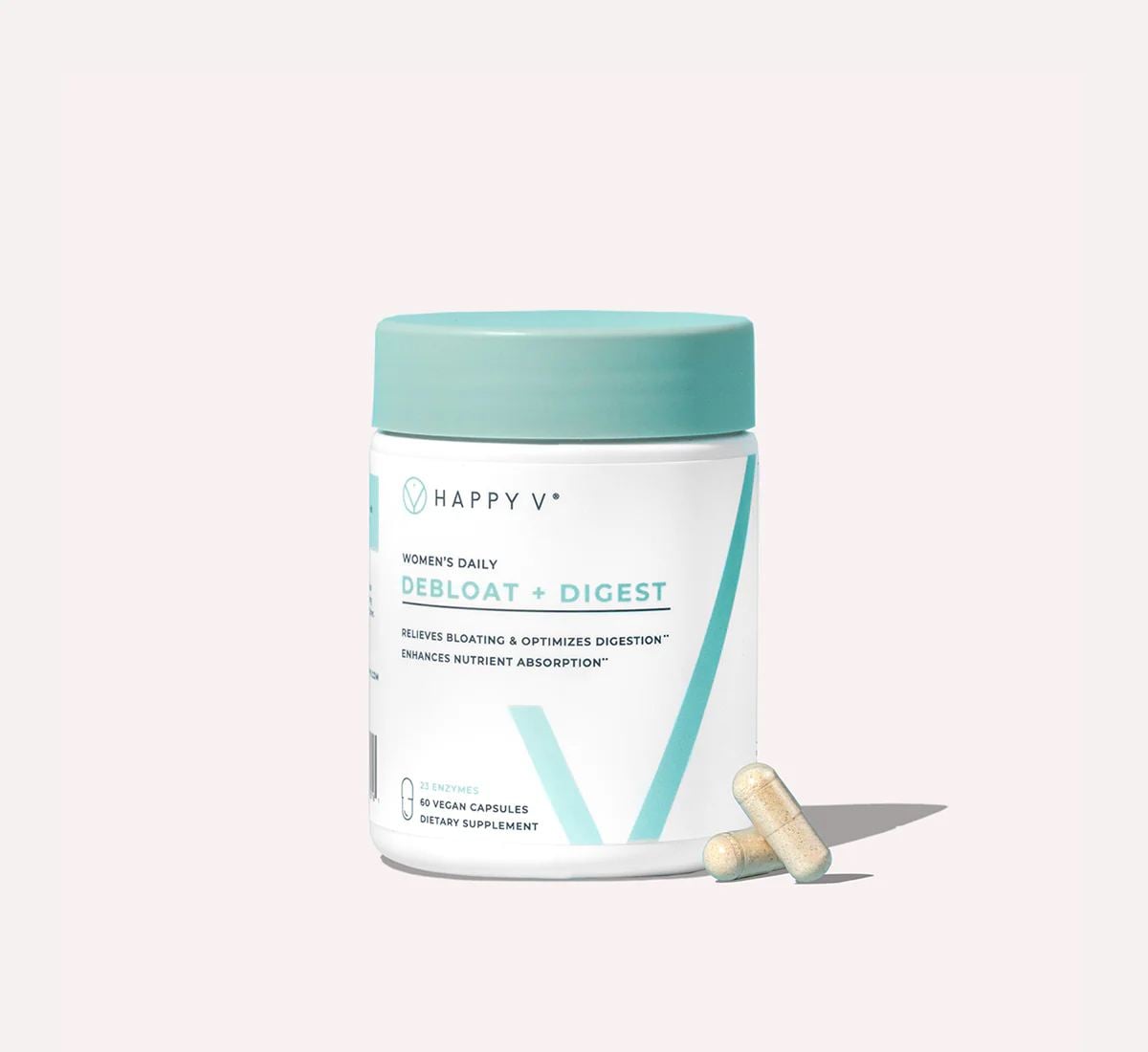 Happy V Debloat plus Digest supplement bottle