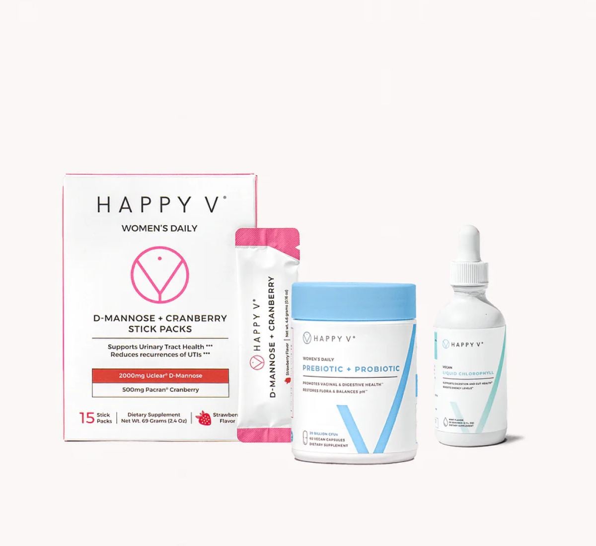 Happy V Essentials Kit wellness products arranged together