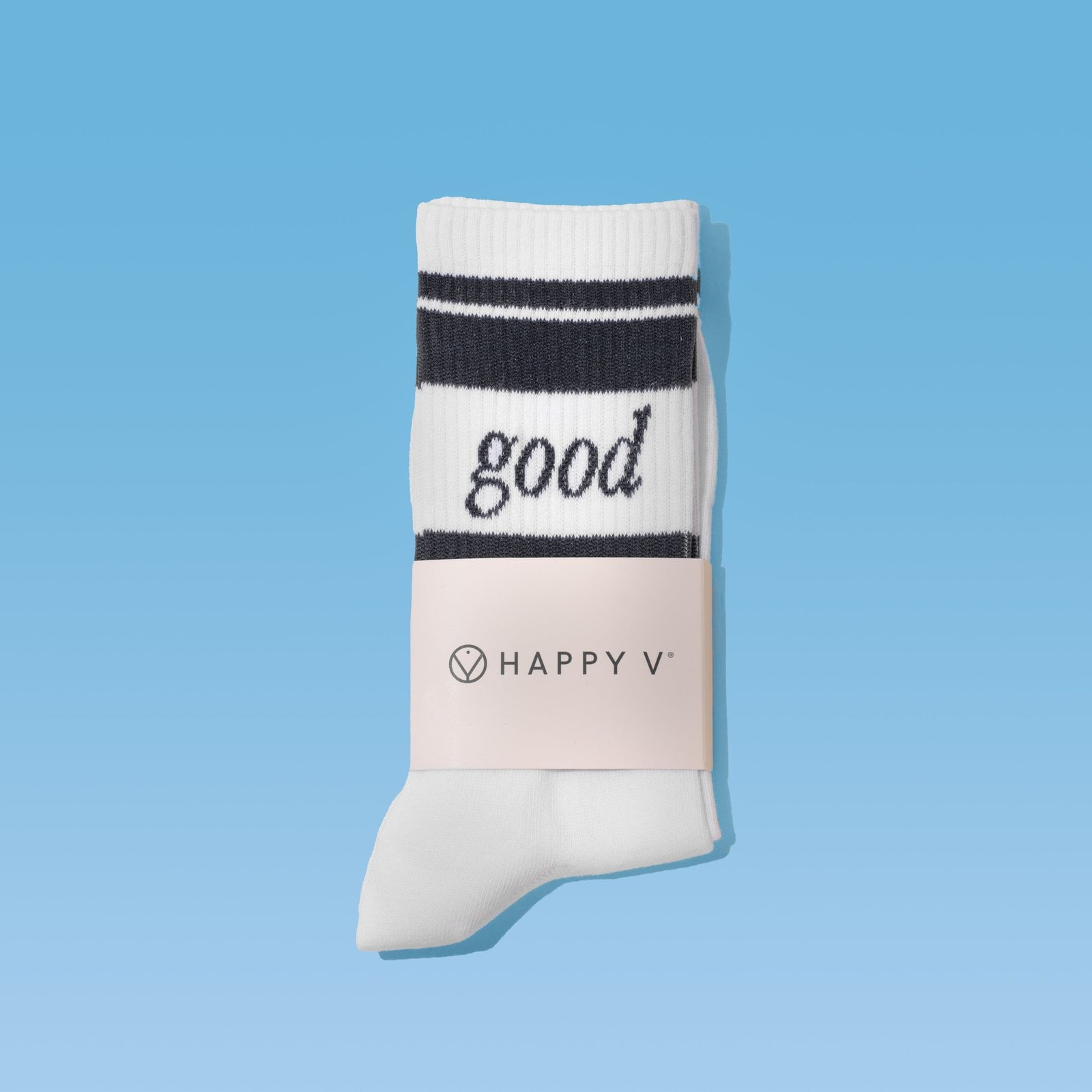 Happy V Feel Good Socks arranged on a blue background