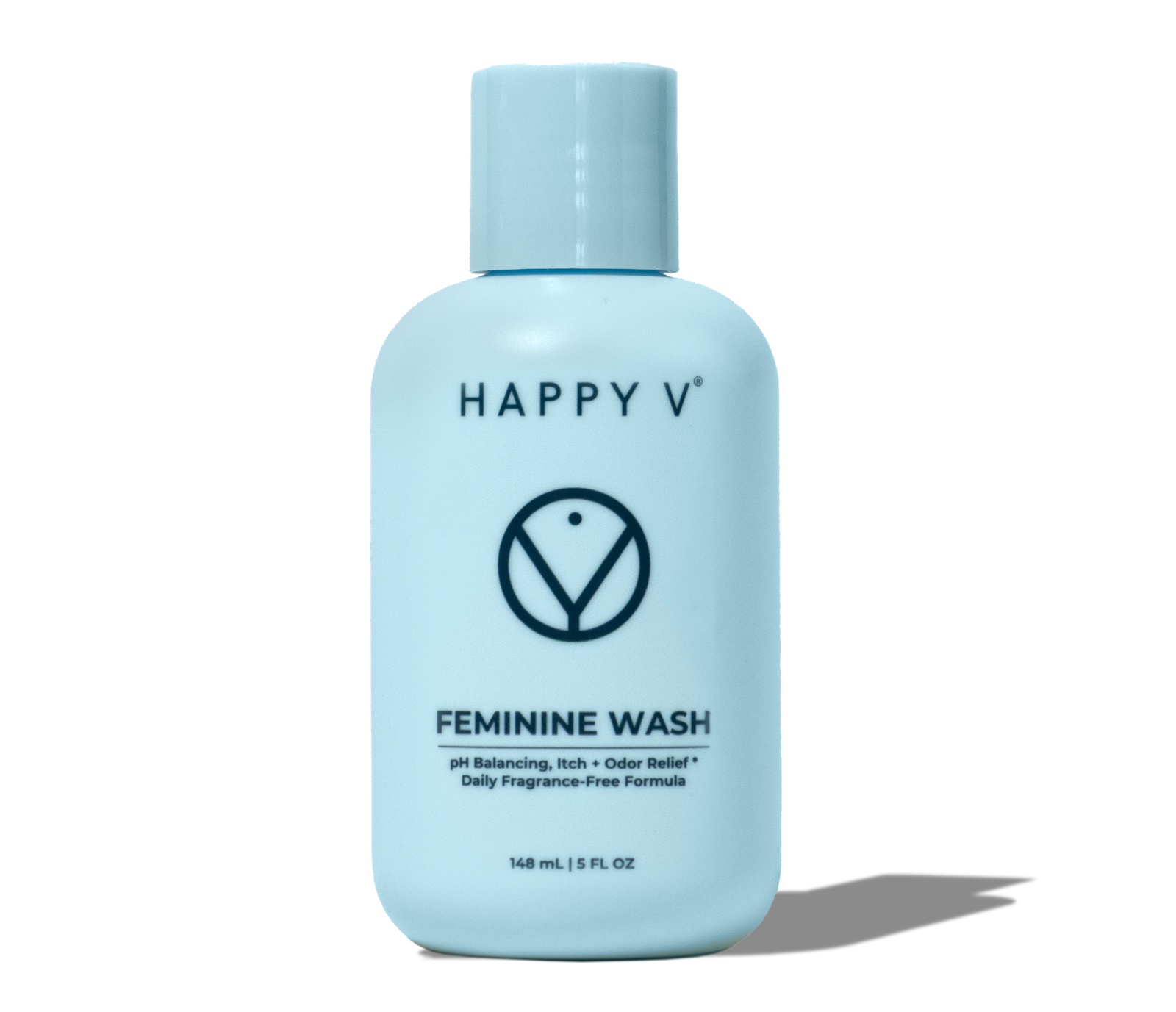 Happy V Feminine Wash product render with fragrance-free formula messaging