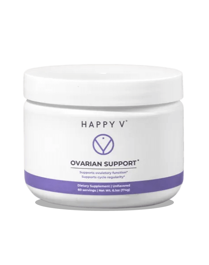 Happy V Ovarian Support supplement jar on a purple styled background