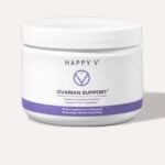Happy V Ovarian Support supplement bottle on a gray background
