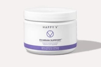 Happy V Ovarian Support supplement bottle on a gray background