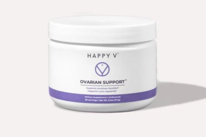 Happy V Ovarian Support supplement bottle on a gray background