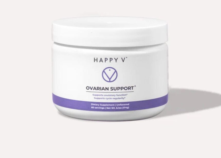 Happy V Ovarian Support supplement bottle on a gray background