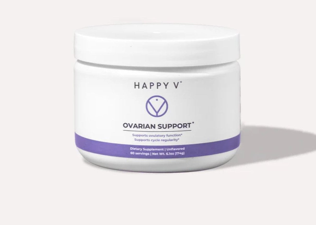 Happy V Ovarian Support supplement bottle on a gray background
