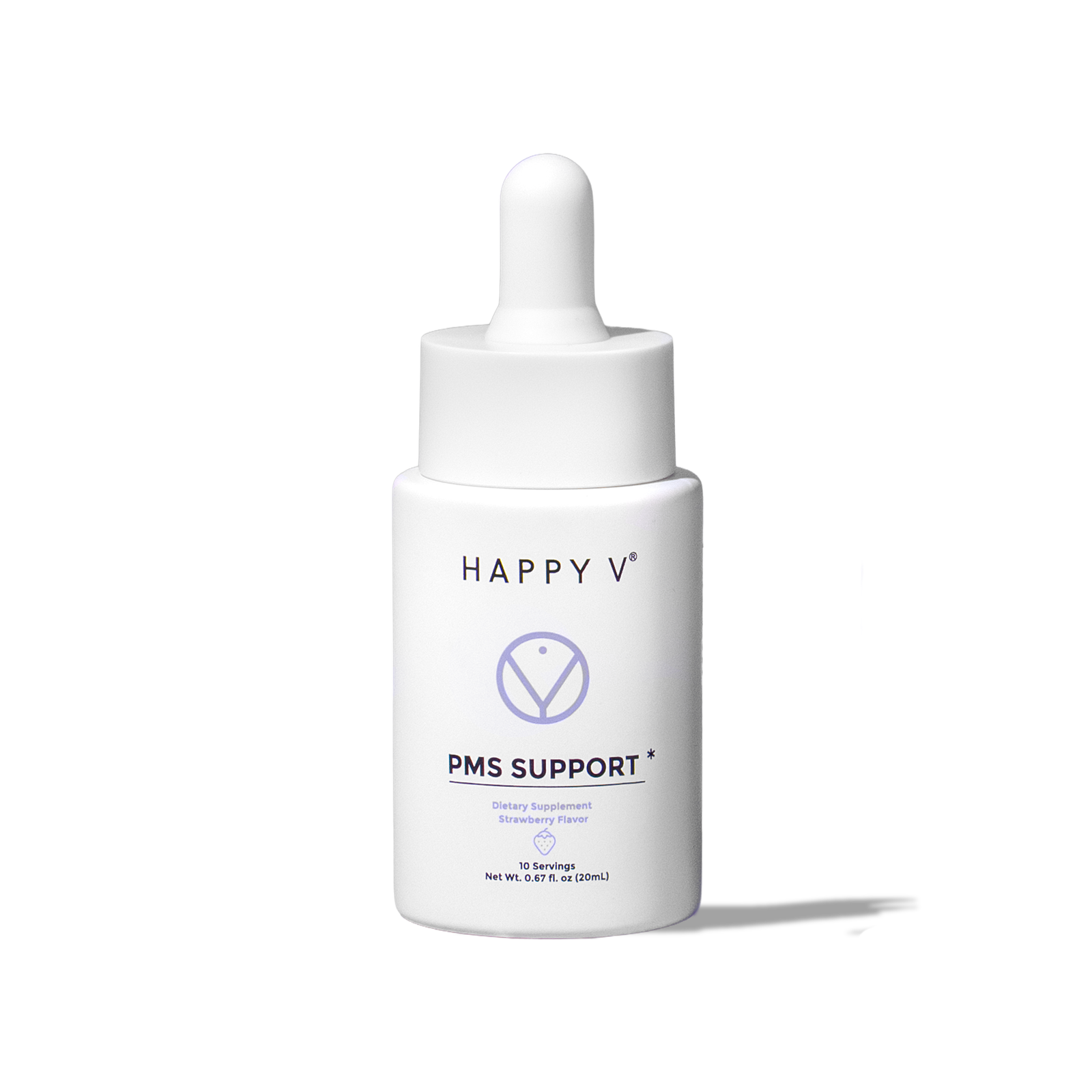 Happy V PMS Support dropper bottle shown as a complete product render