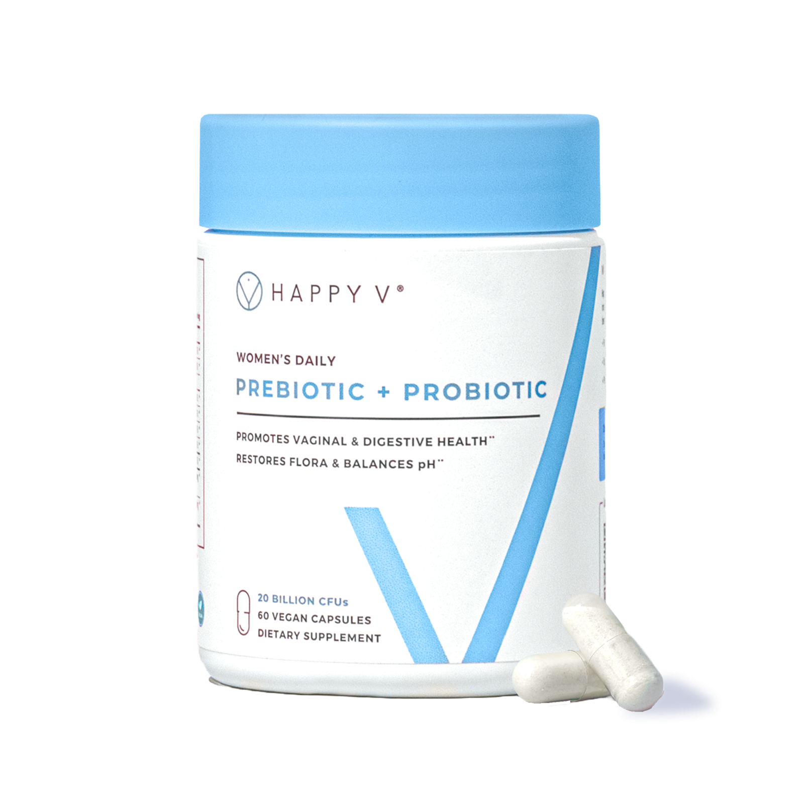 Happy V Prebiotic plus Probiotic bottle with capsules