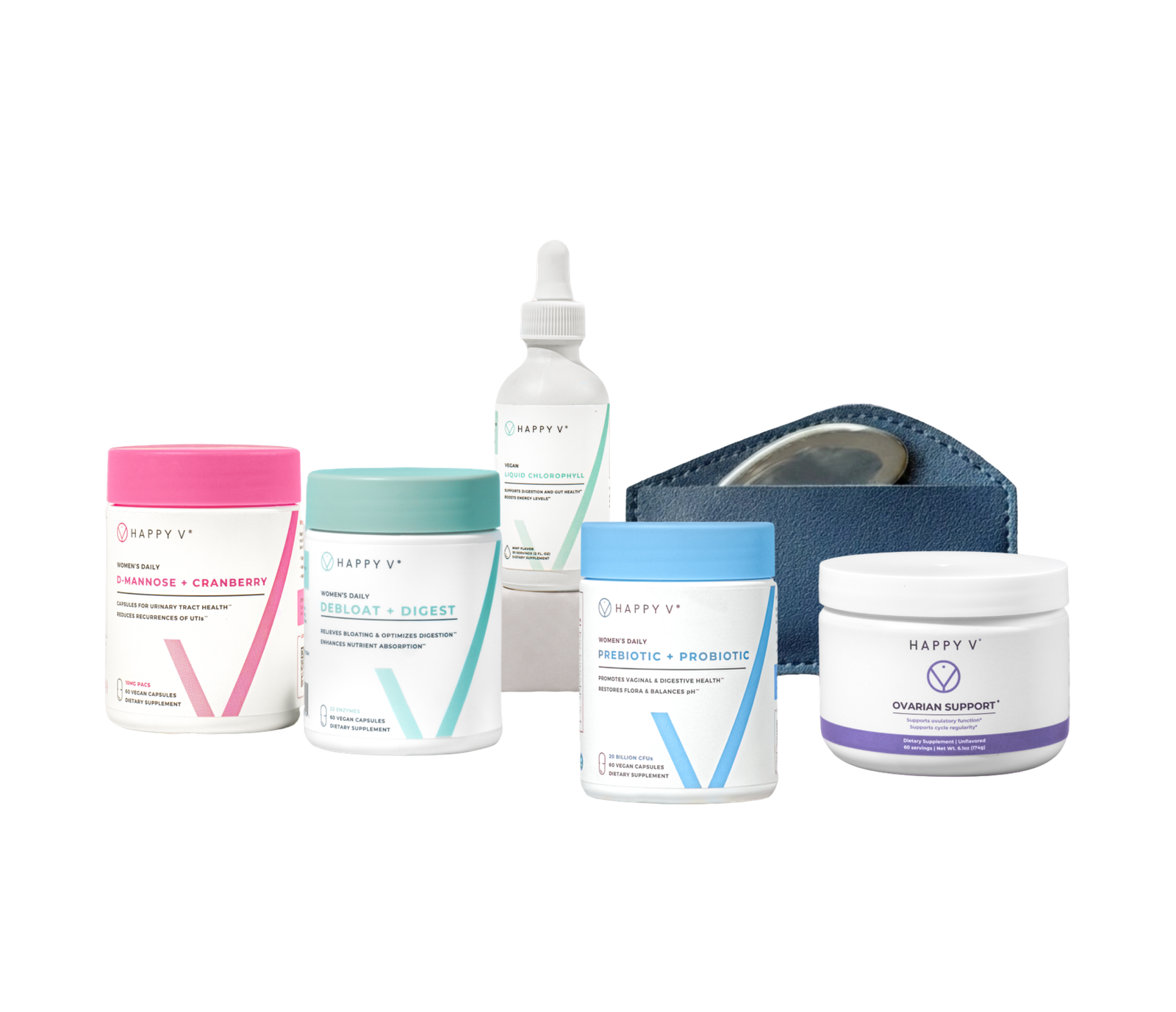 Happy V wellness supplements arranged together in a product collection