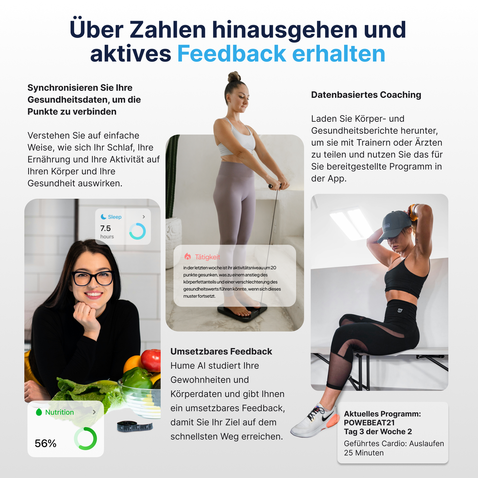 Hume Band 2.0 mit drei Ansichten der Gesundheits-App