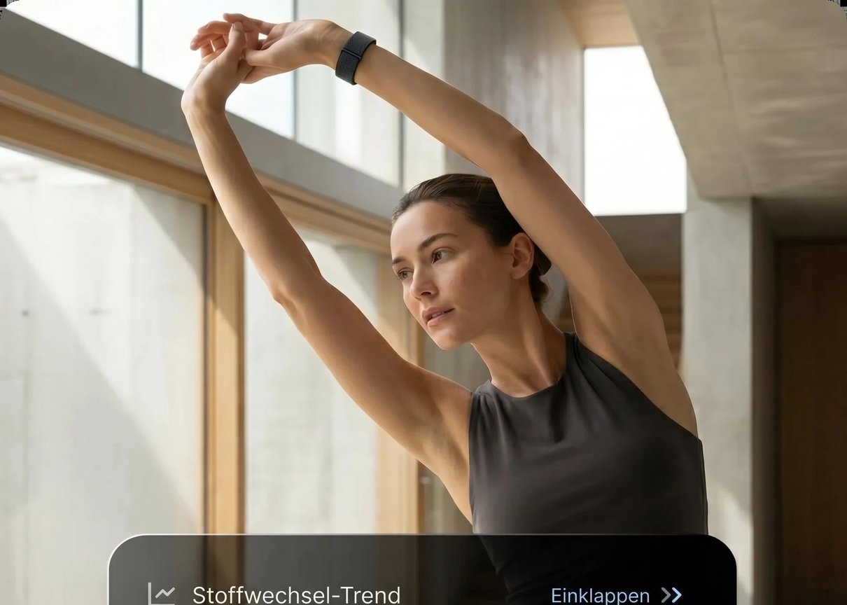 Frau beim Dehnen mit Fitnessarmband
