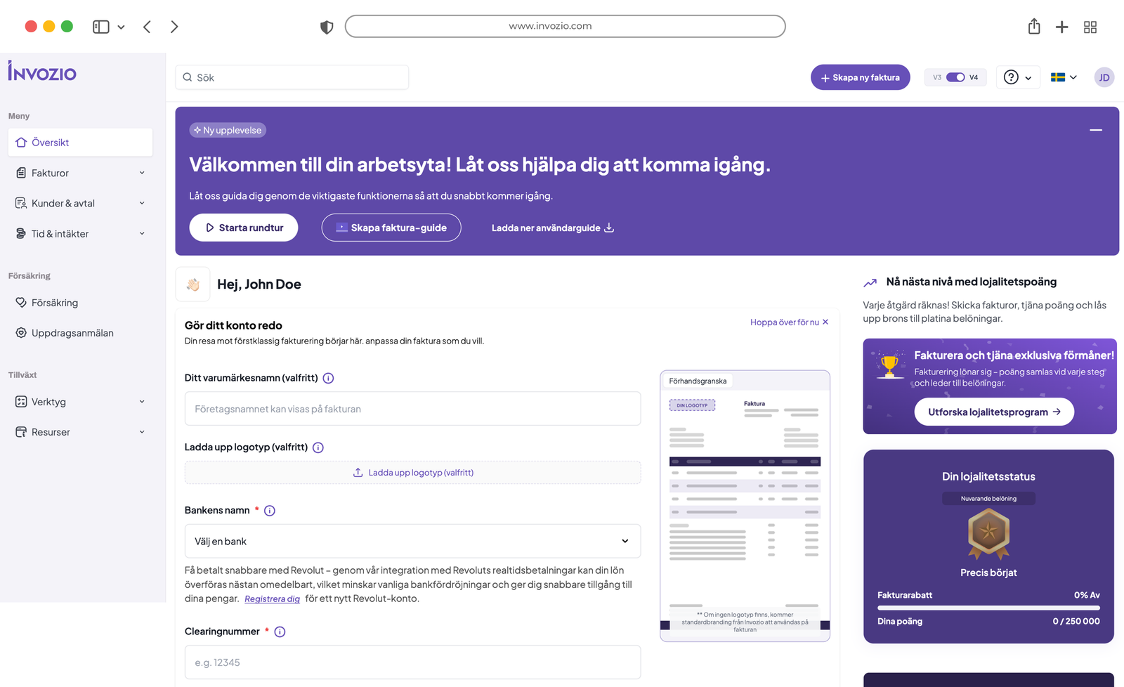 Invozios dashboard med översikt över frilansarens ekonomi