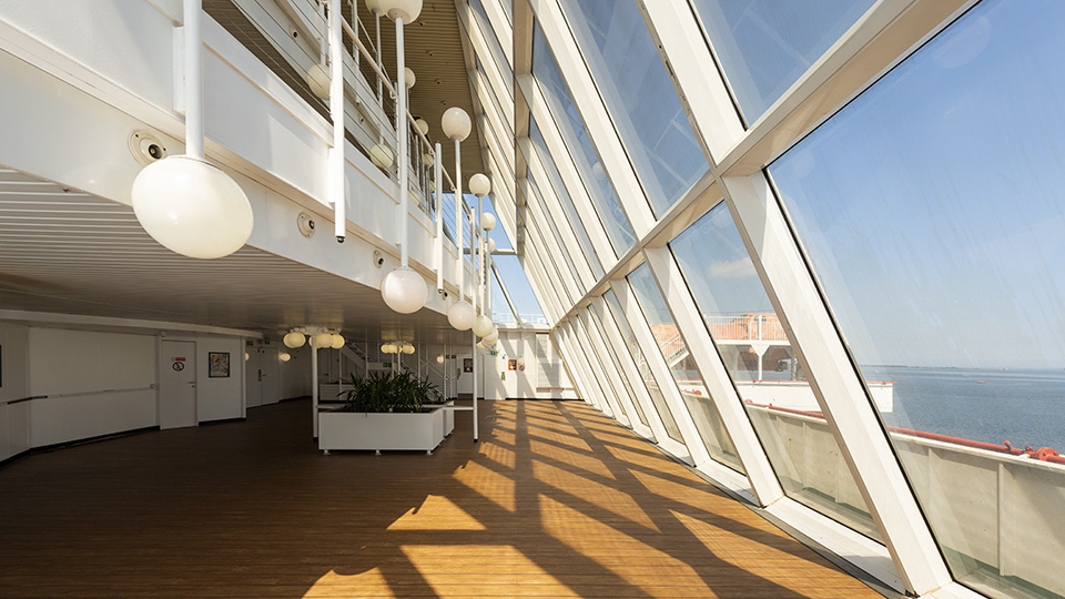 Bright ferry promenade corridor aboard the Isle of Inishmore