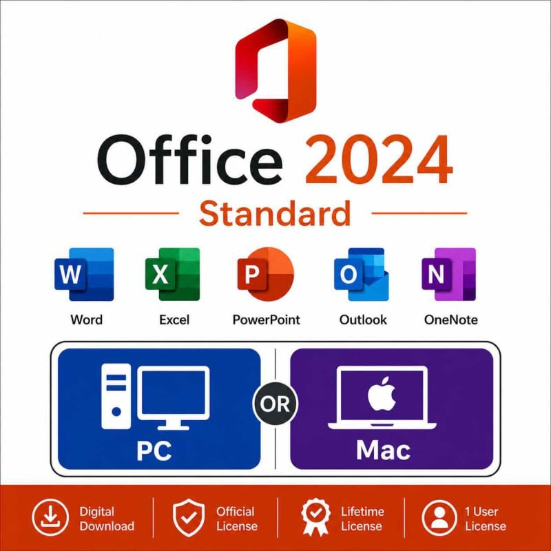 Office 2024 Standard para Windows y MacOS mostrado como producto individual