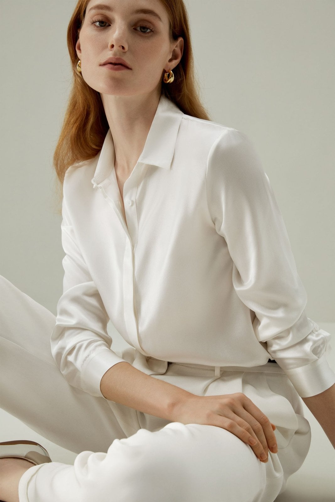 Chemise en soie Basic Concealed Placket blanche