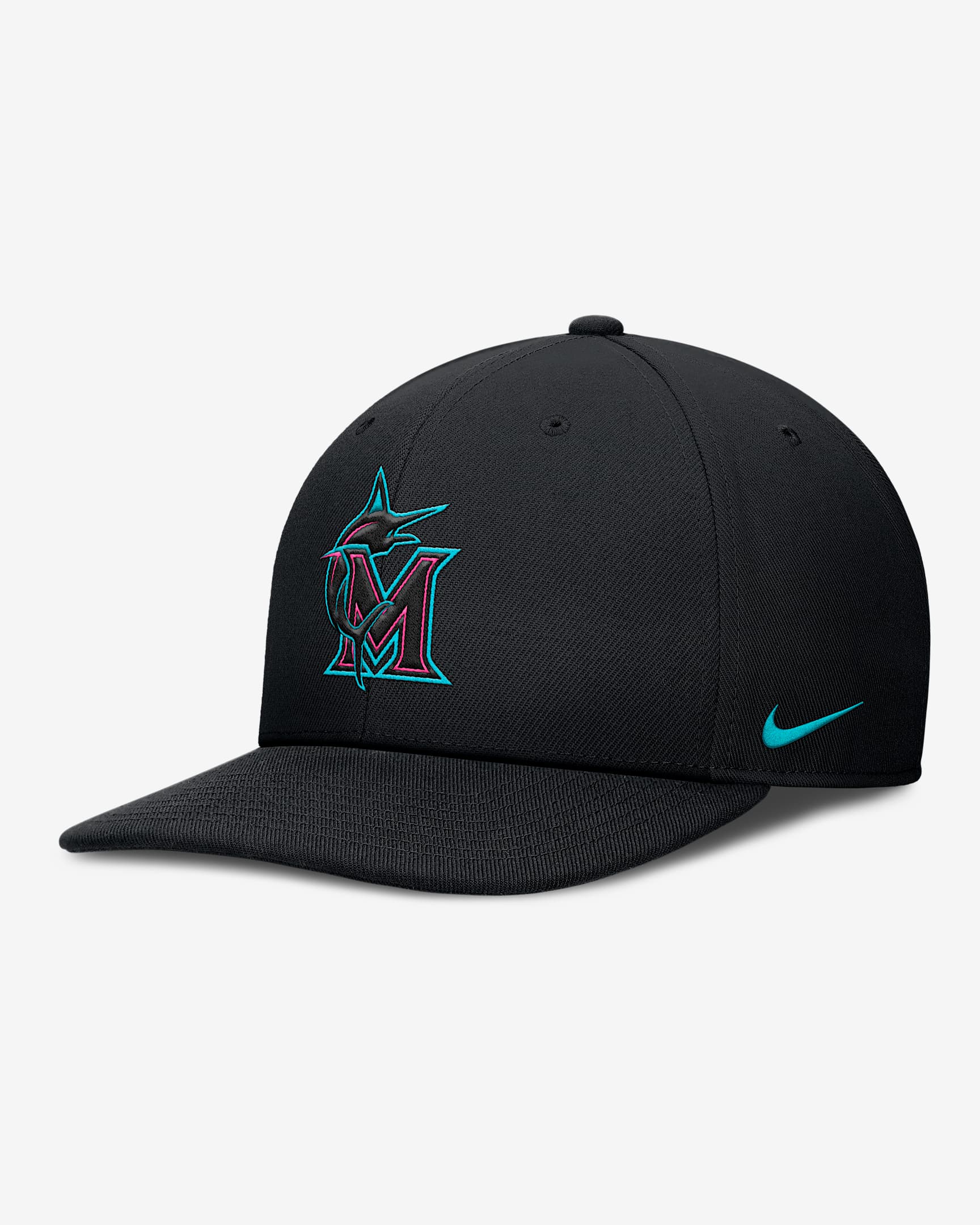 Black and pink Miami Marlins City Connect adjustable cap shown as a single product