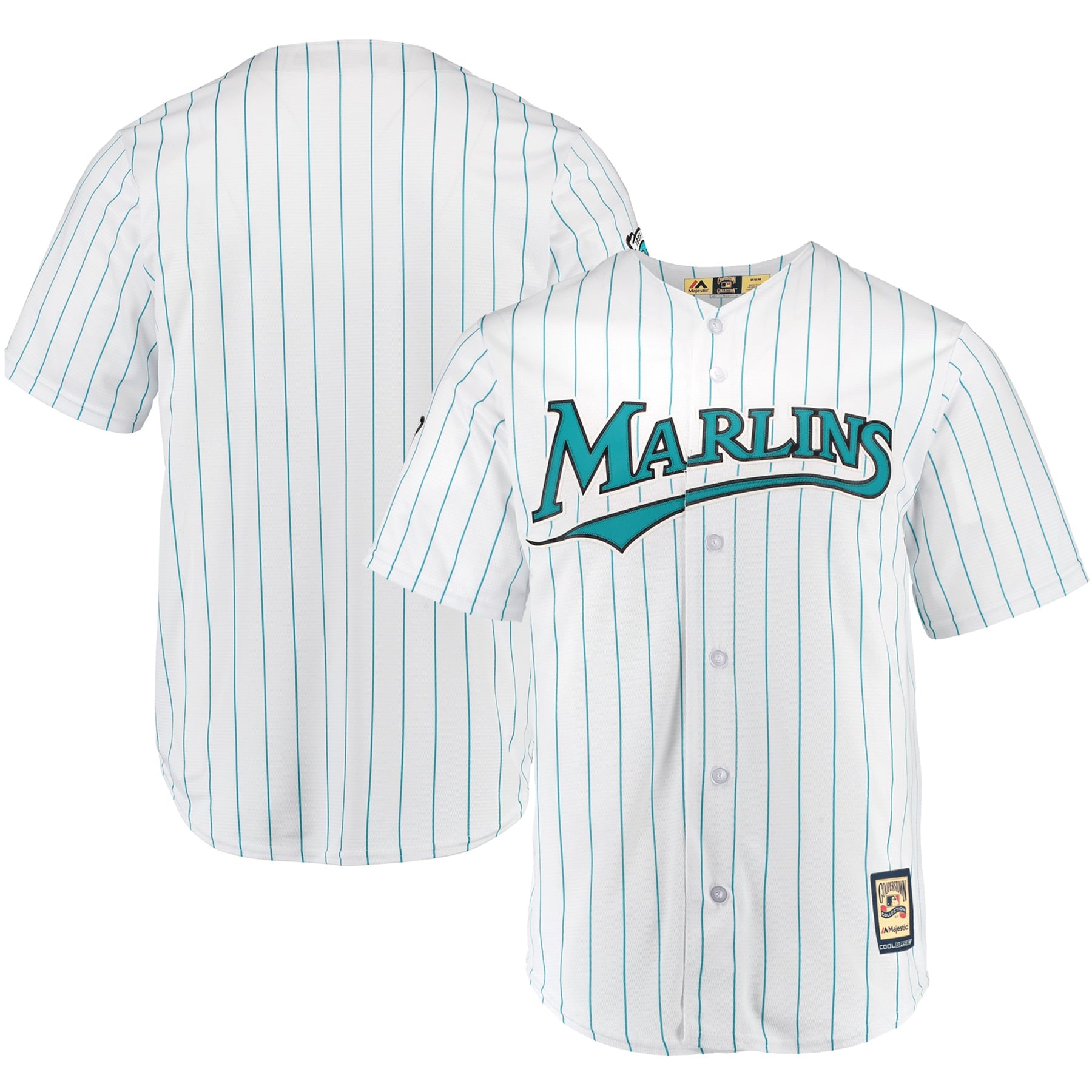 White and teal Miami Marlins Cooperstown jersey shown as a single product