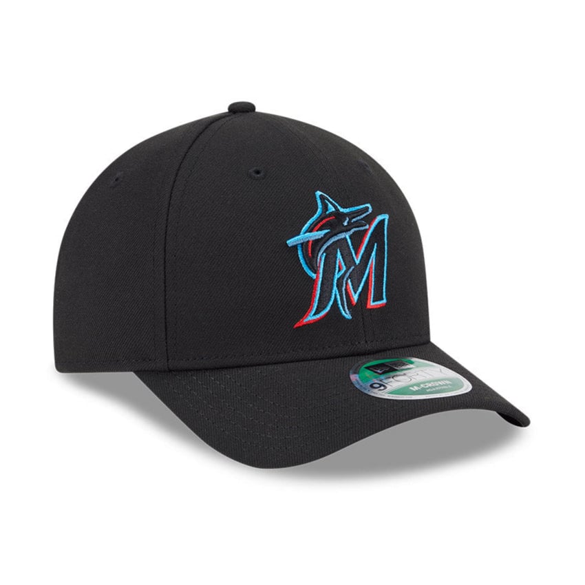 Black New Era Miami Marlins 9FORTY snapback cap shown as a single product