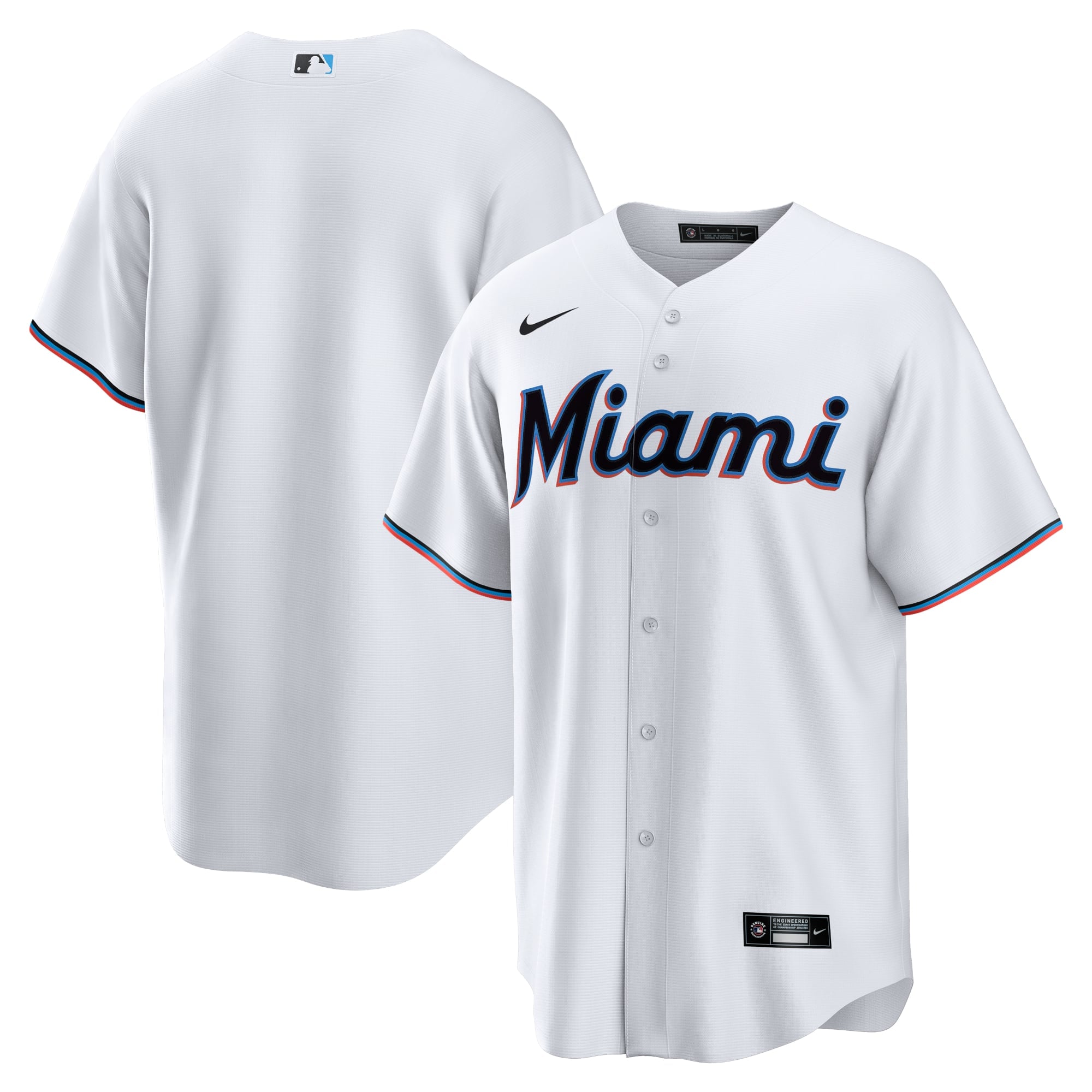White Nike Miami Marlins home replica jersey shown as a single product